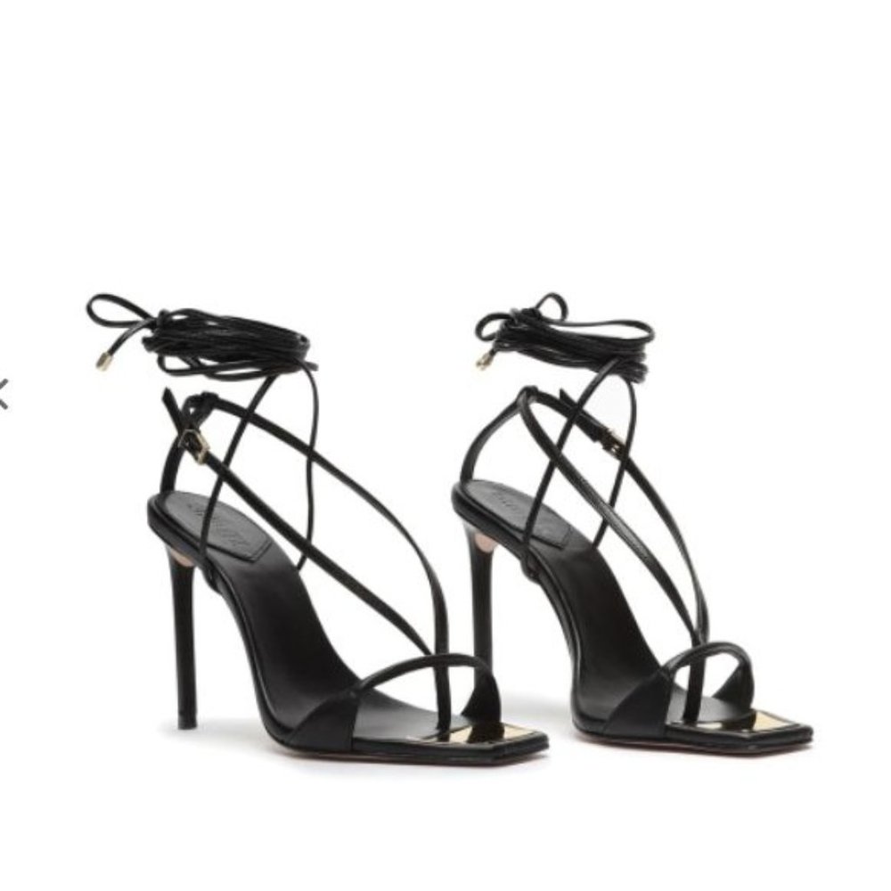 Schutz Vikki Heel Ankle Strap Sz 6B in Black Leather Square Toe Gold Detail $128